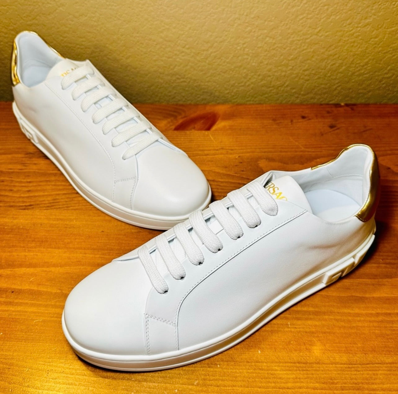 New Unisex Versace Gold & White Leather Athletic Sneakers