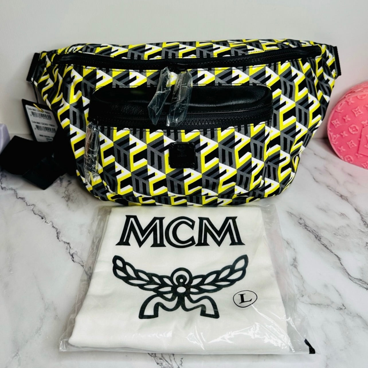 New Unisex MCM Large Black & Yellow Cubic Logo Nylon Belt Bag