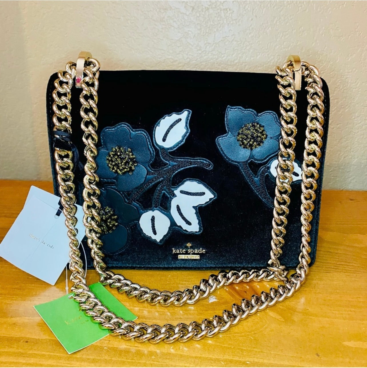 New Kate Spade New York Cameron St Floral Embellish Marci Black Velvet Crossbody Handbag