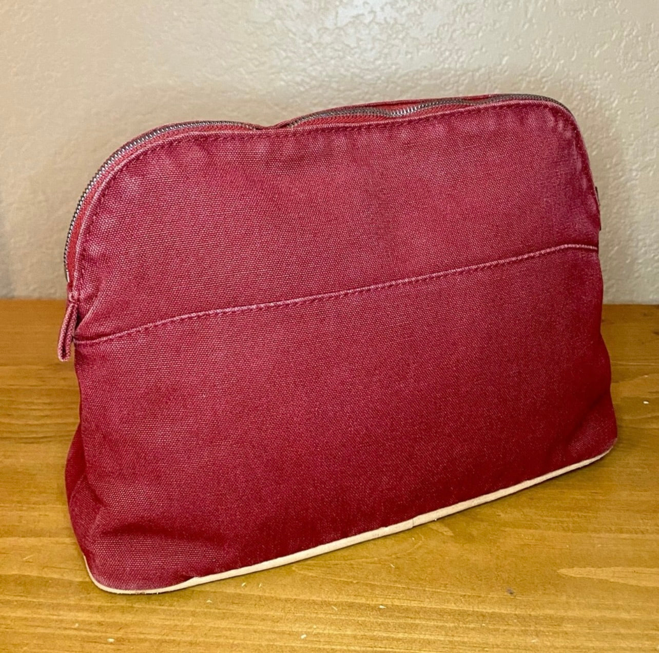 Vintage HERMES Brink Red Canvas & Leather Bolide Cosmetic Pouch Purse MM