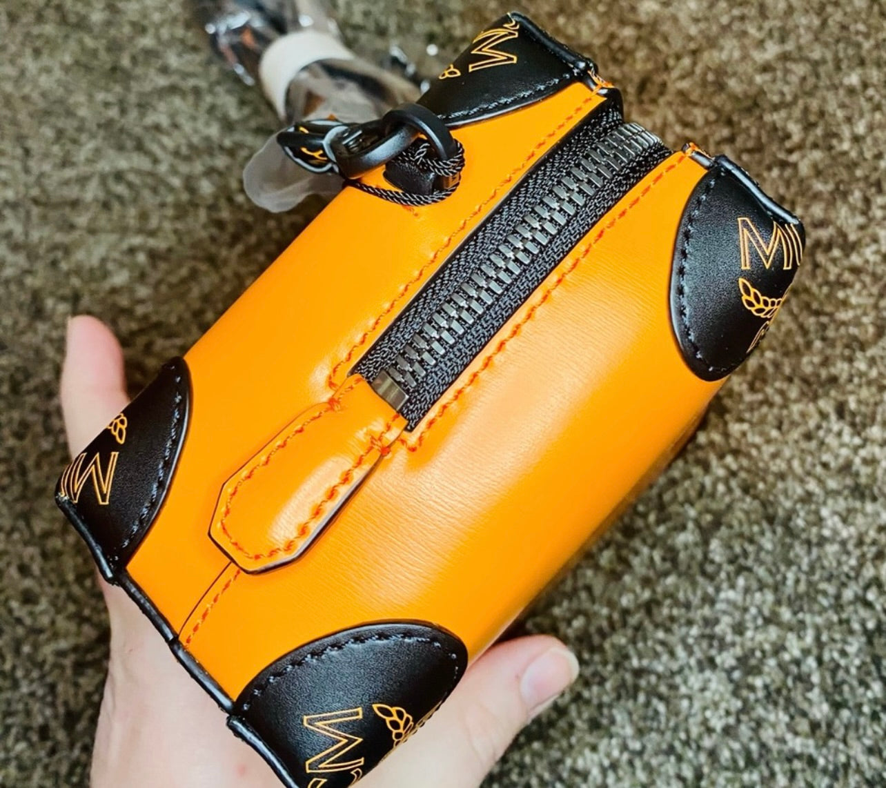 New MCM Persimmon Orange & Black Leather Berlin Soft Box Crossbody Bag
