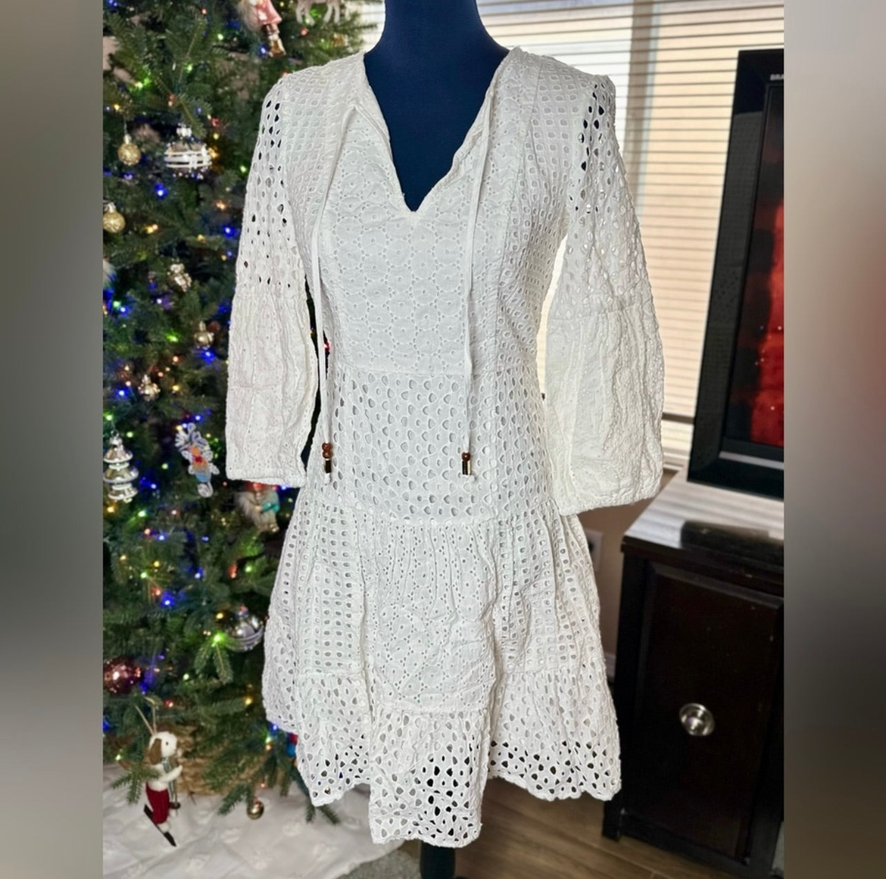 Vince Camuto 3/4 Lantern Sleeve White Eyelet Lace Fir & Flare Dress