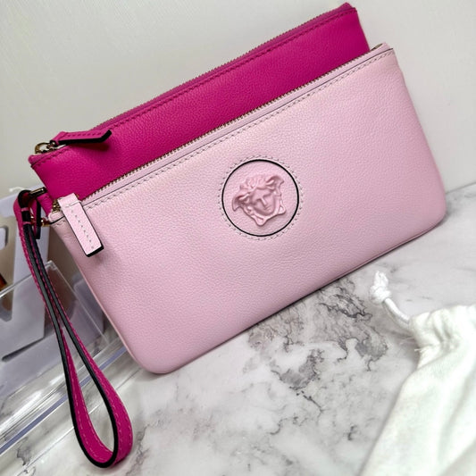 New Versace Double Zip La Medusa Pink Italian Leather Wristlet Pouch