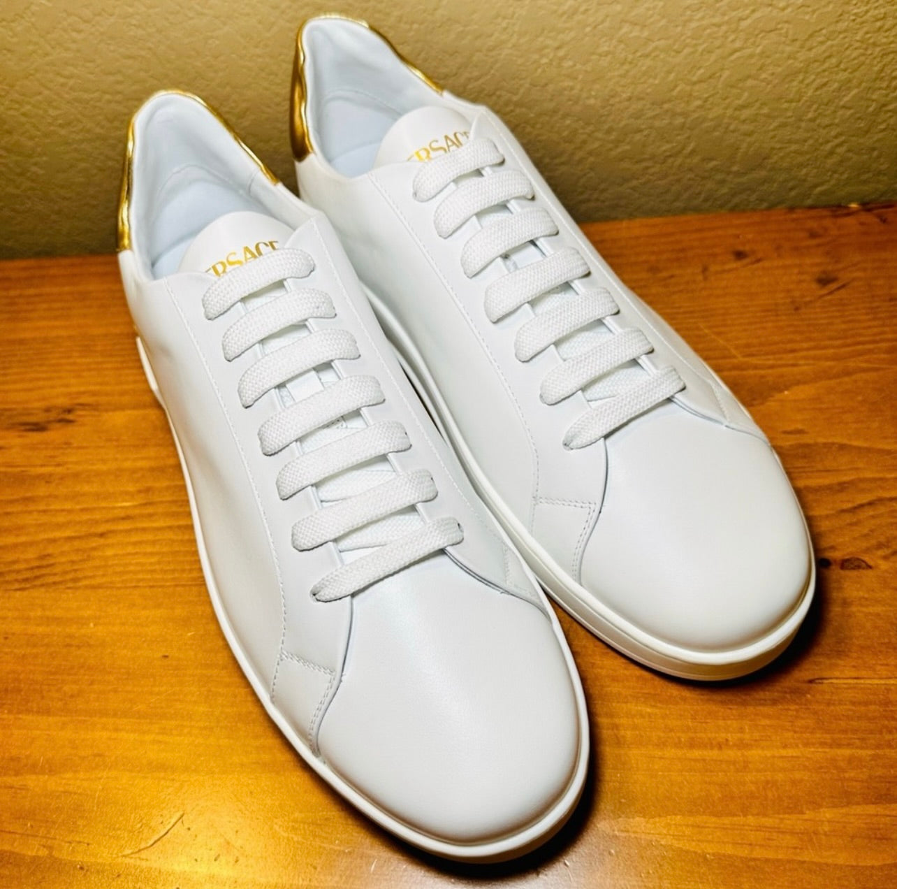 New Unisex Versace Gold & White Leather Athletic Sneakers
