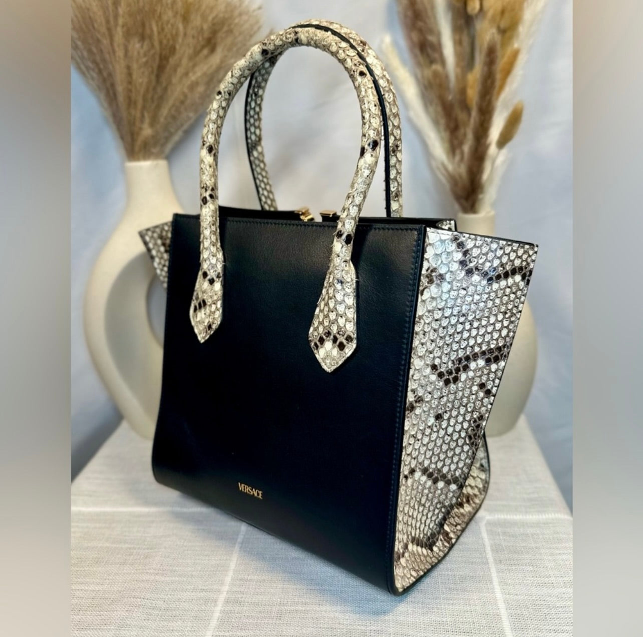 New VERSACE Medium Virtus Calf Leather & Python Handbag
