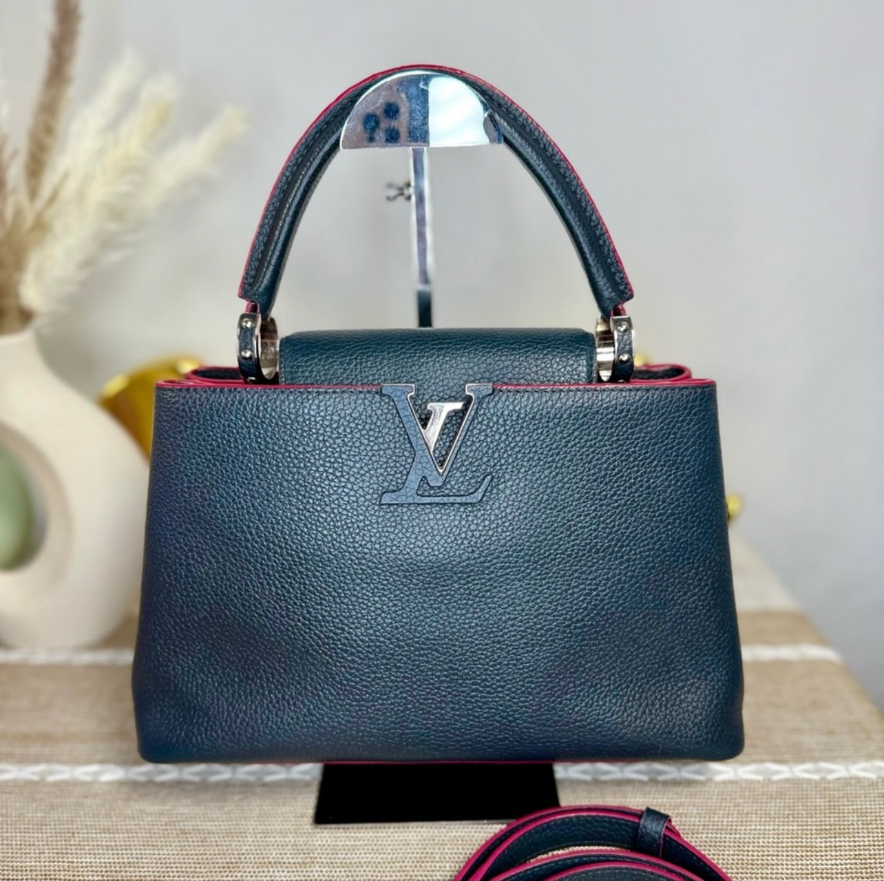 Louis Vuitton Cobalt Blue Taurillon Leather Capucines MM Bag w/ Fuchsia Trim