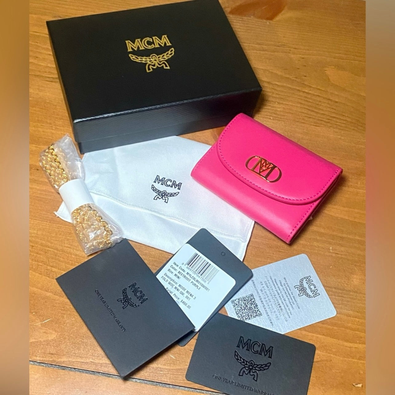 New MCM Beetroot Purple Nappa Leather Mode Travia Trifold Chain Wallet