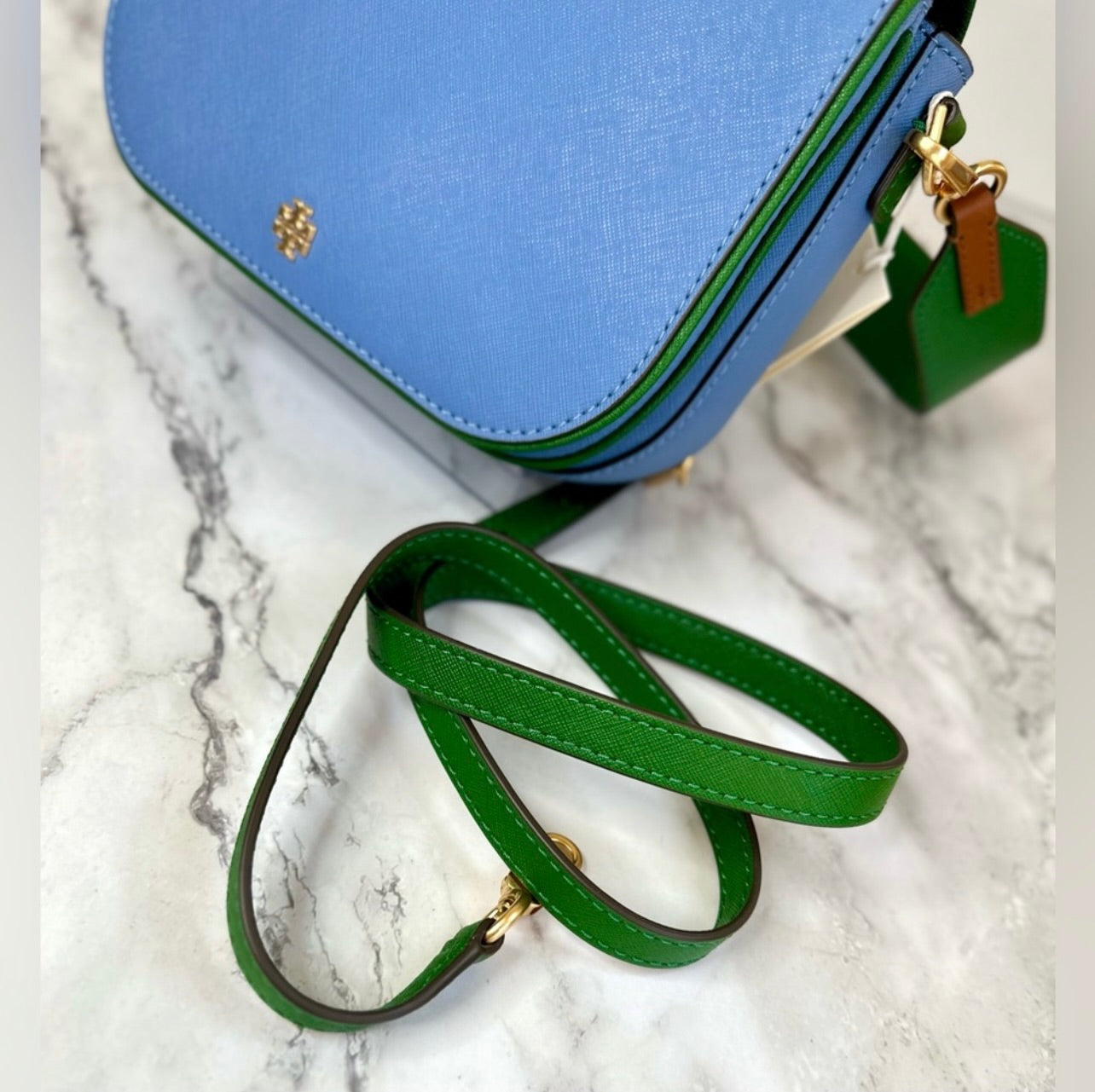New Tory Burch Bluewood & Arugula Saffiano Leather Emerson Color Block Crossbody Bag