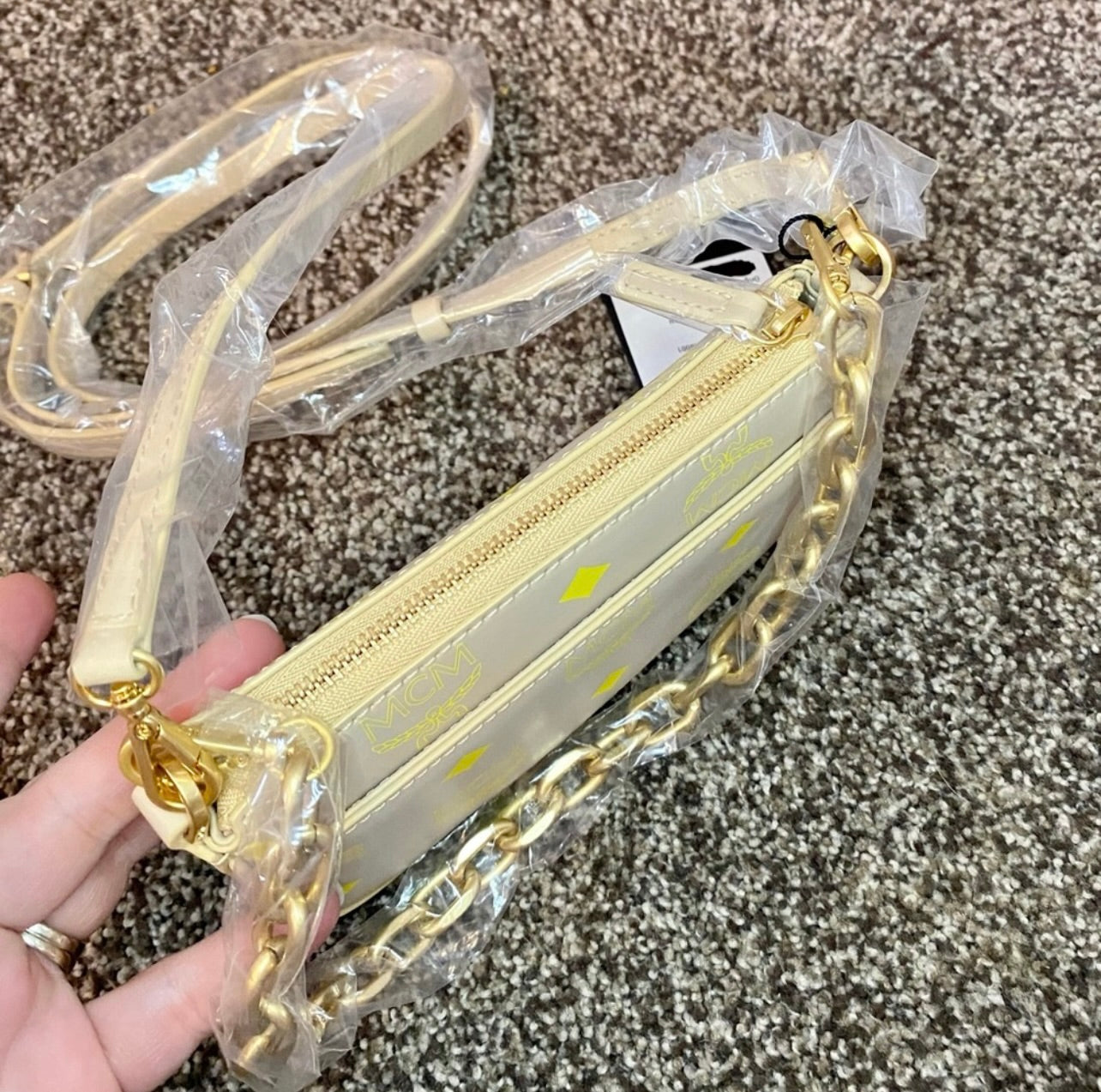 New MCM Croissant Yellow Mini Color Splash Logo Shoulder Bag