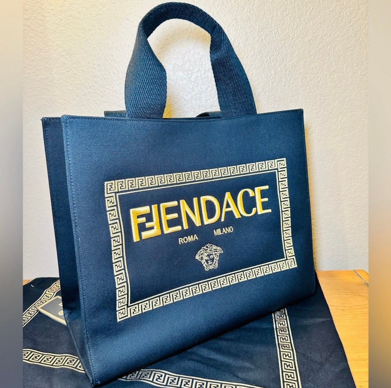 New Fendi x Versace Ltd. Ed. Black Canvas Fendace Logo Large Shopping Tote Bag