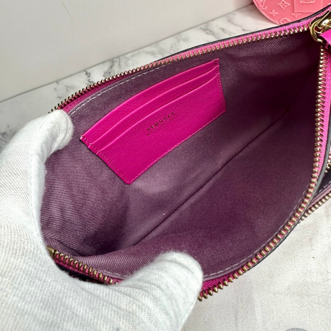 New Versace Double Zip La Medusa Pink Italian Leather Wristlet Pouch