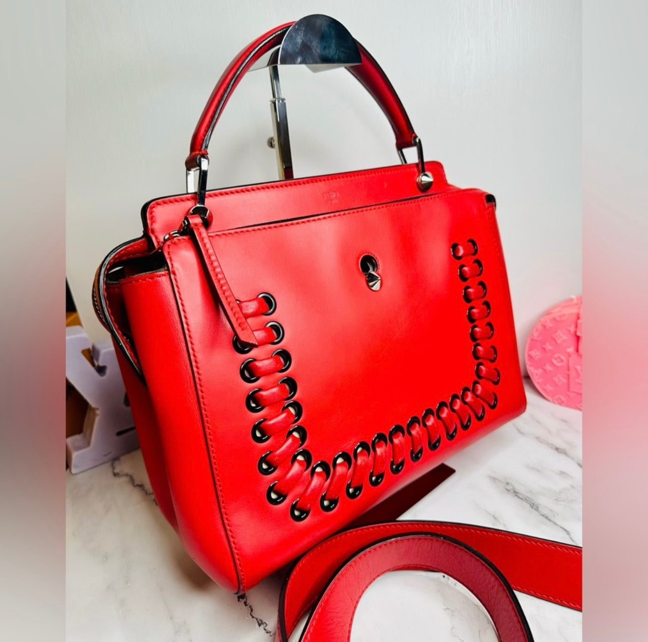 Fendi Medium Red Leather Whipstitch DotCom Convertible Satchel Bag