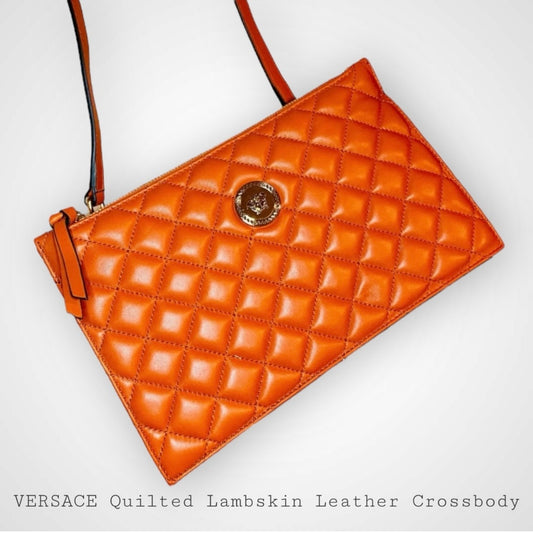 New Versace Quilted Dark Orange Lambskin Leather Small Crossbody Pouch
