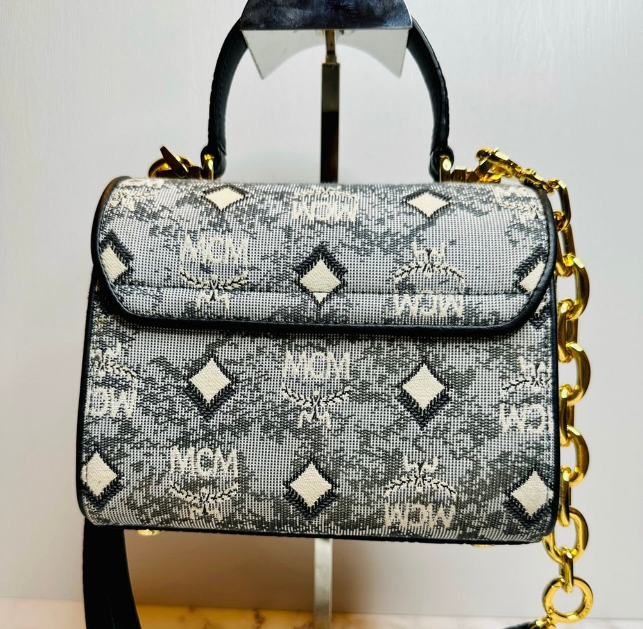 New MCM Small Gray Vintage Monogram Jacquard Studded Tracy Satchel Bag