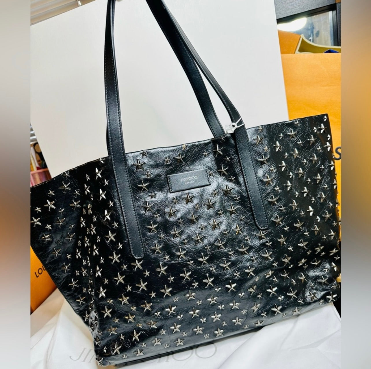 New Jimmy Choo Pimlico/s Black Vintage Leather Gunmetal Star-Stud Embellished Tote