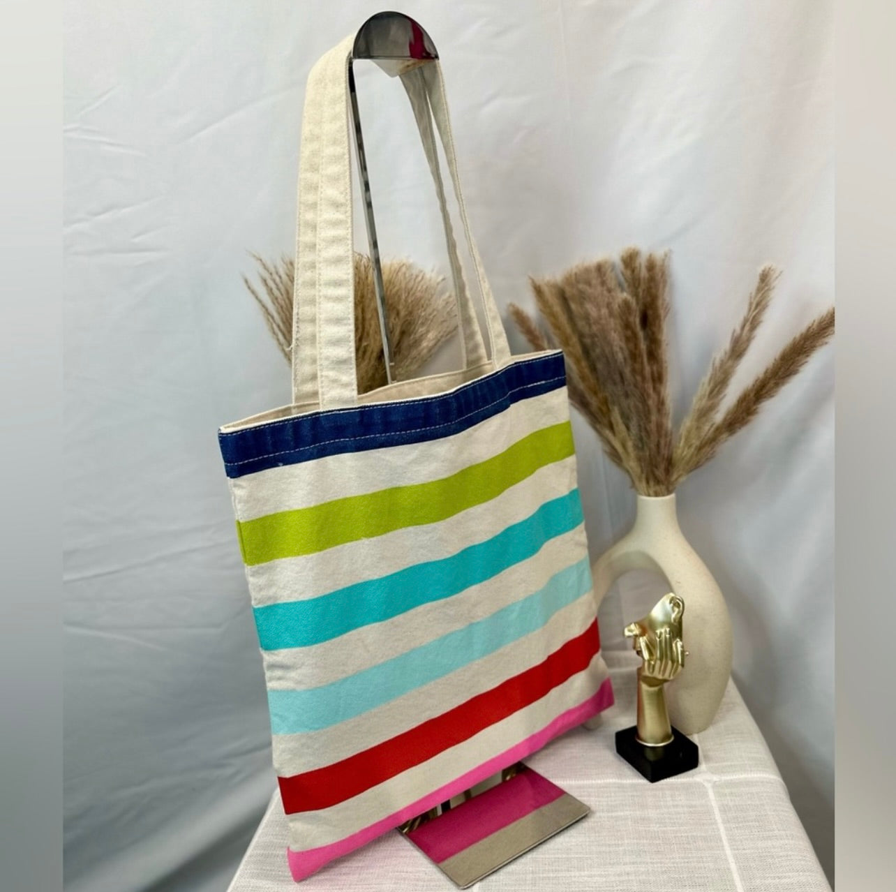 Kate Spade Heavy-duty Multi-Colored Stripes Cream Canvas Book Tote Bag
