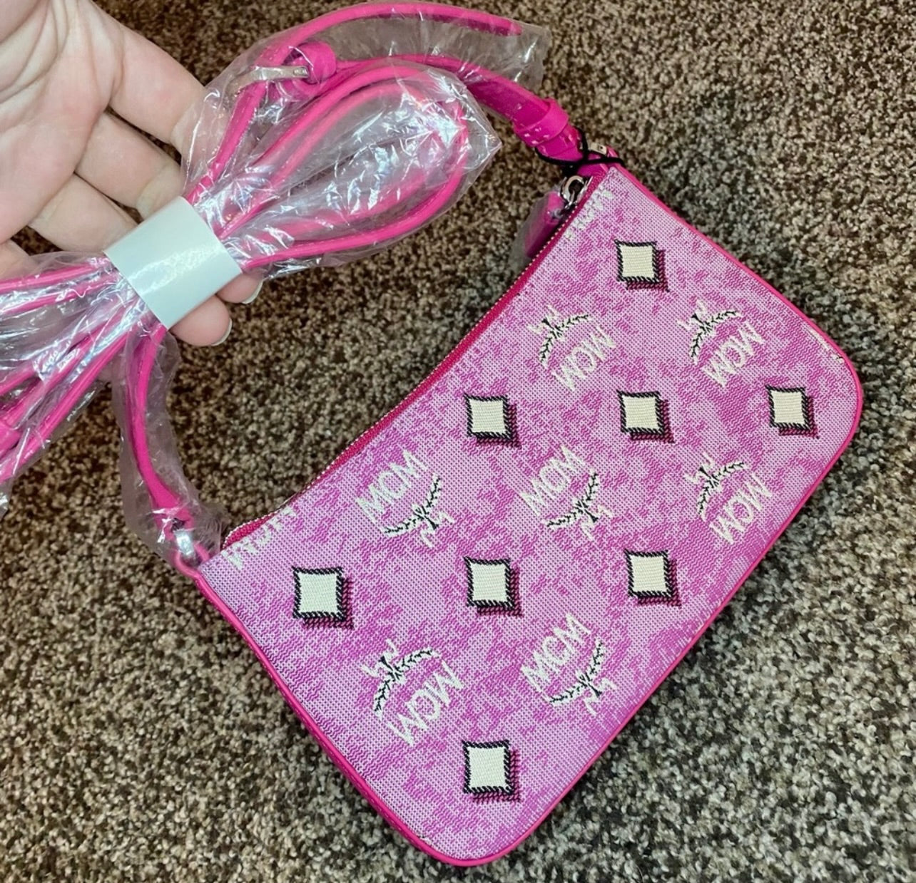 New MCM Pink Vintage Monogram Jacquard Aren Mini Shoulder Bag