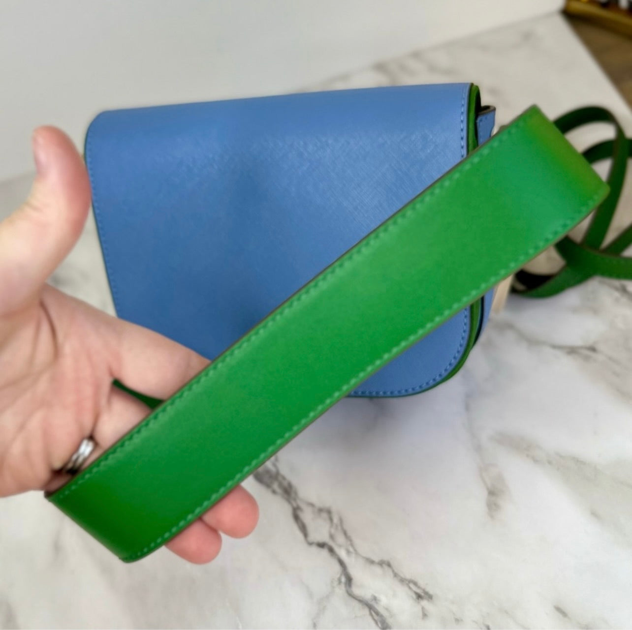 New Tory Burch Bluewood & Arugula Saffiano Leather Emerson Color Block Crossbody Bag