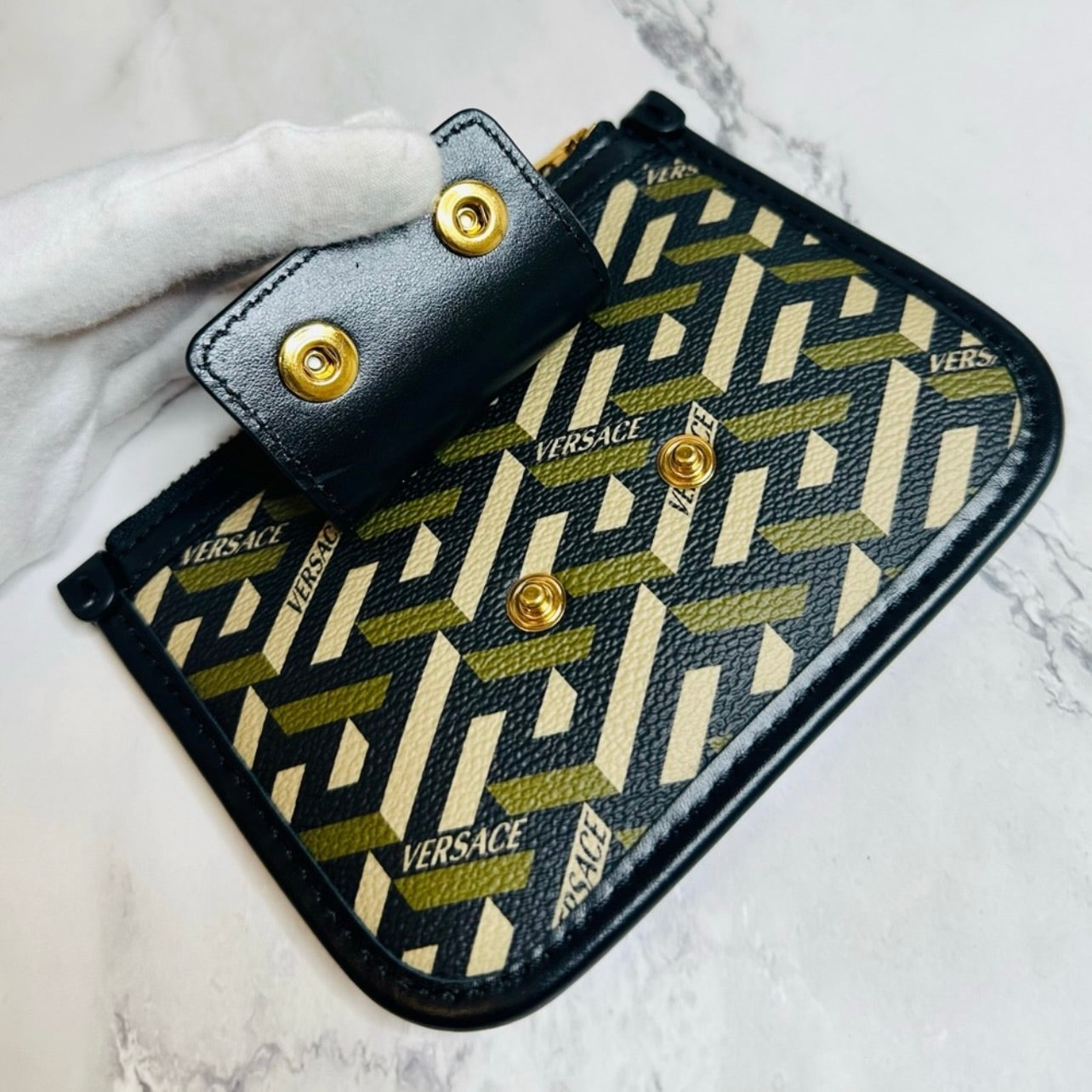 New Versace Khaki/Tan/Black La Greca & Black Leather Signature Modular Pouch