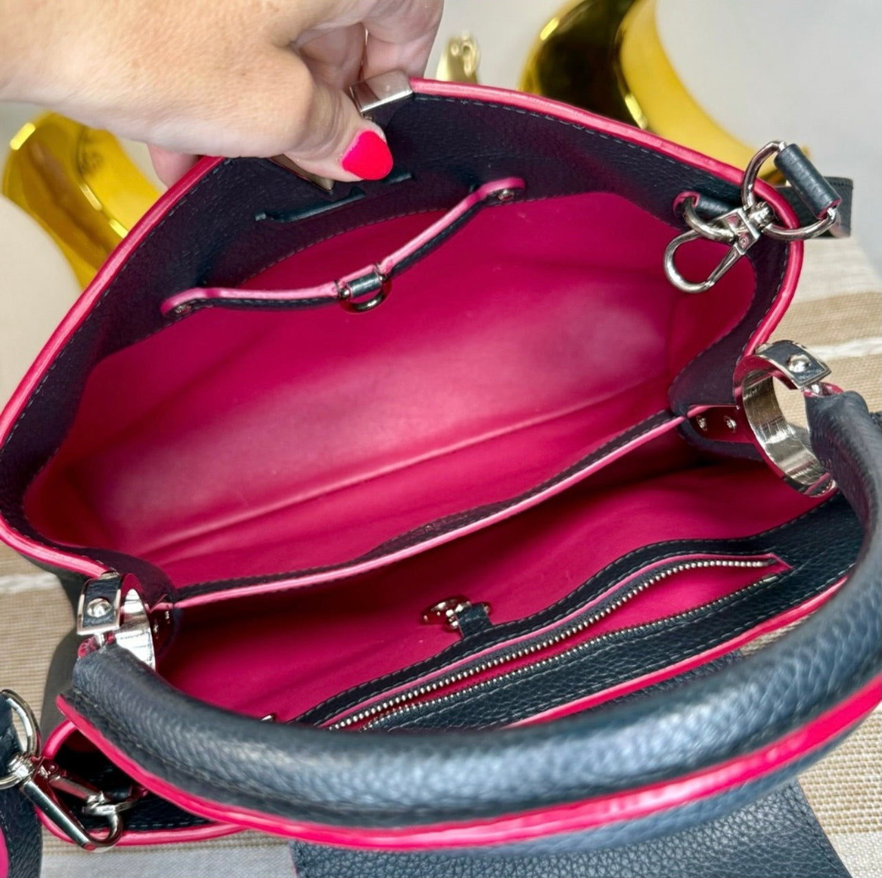 Louis Vuitton Cobalt Blue Taurillon Leather Capucines MM Bag w/ Fuchsia Trim