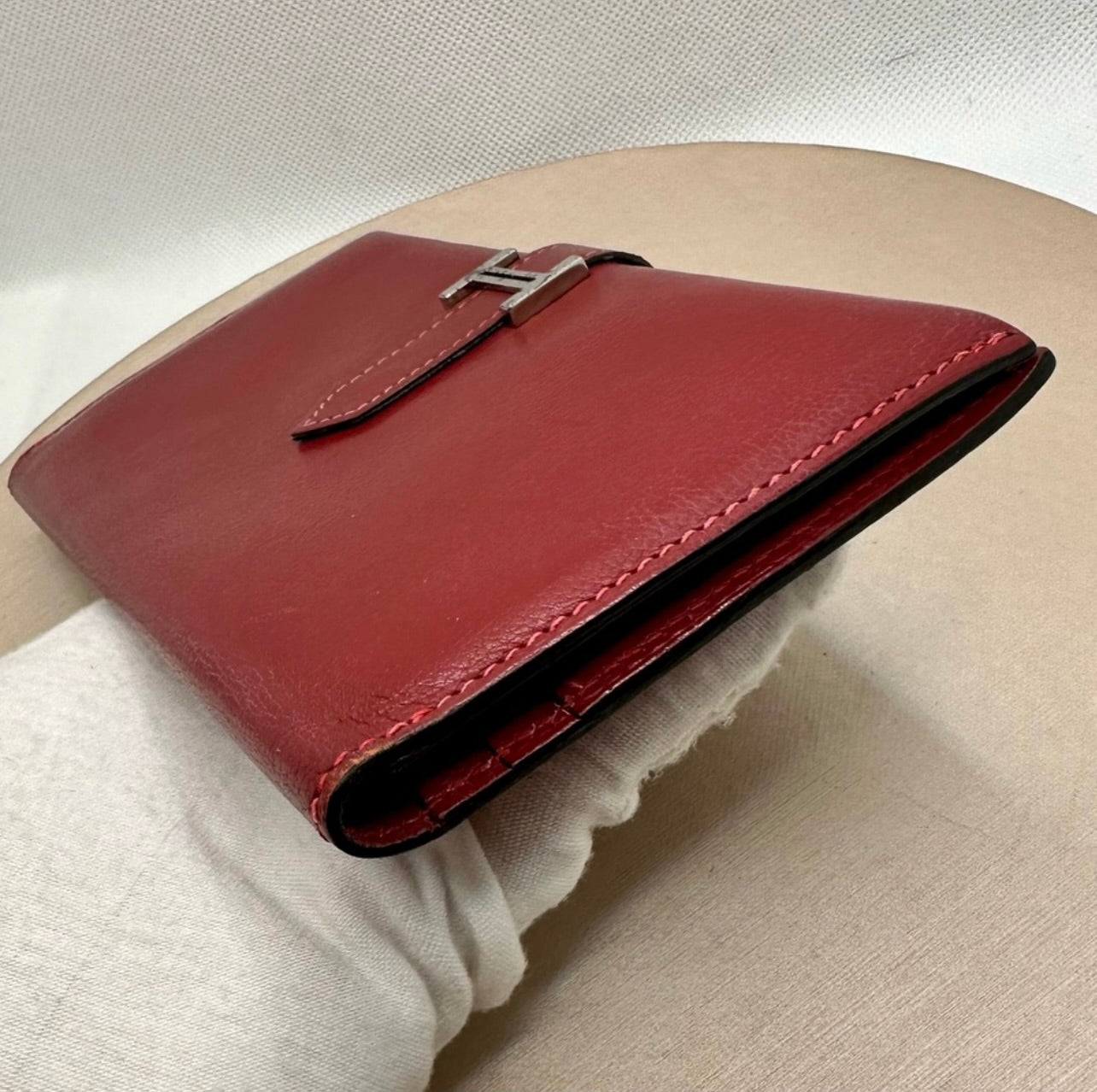 Hermés Dark Red Rouge Leather Bearn Verso Gusset Wallet