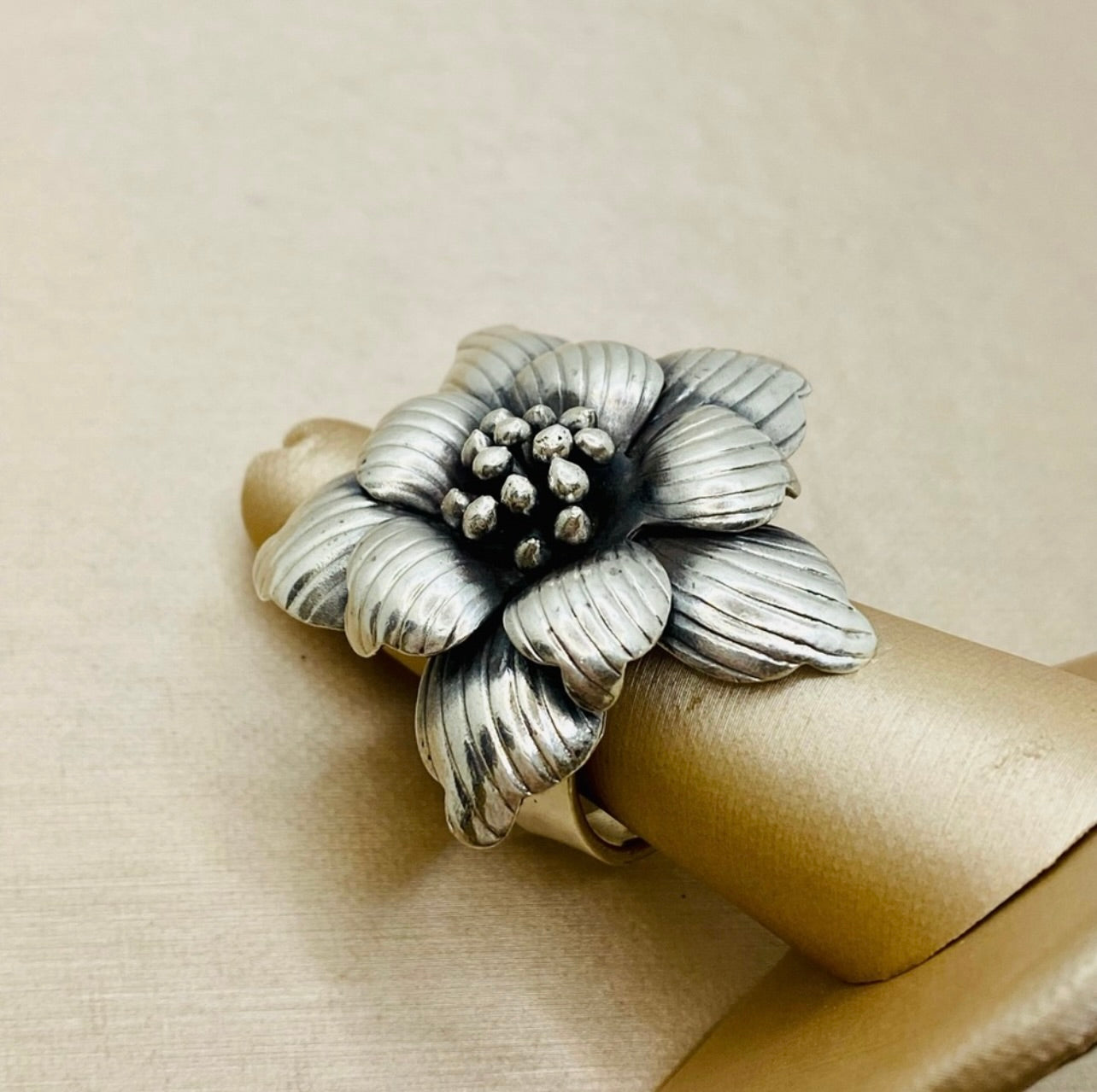 Vintage Oversized 925 Sterling Silver The Bloom Flower Design Adjustable Ring