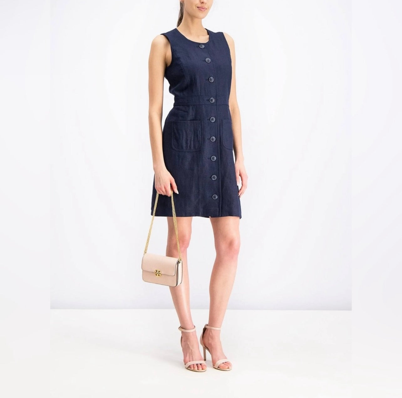 Tory Burch Indigo Navy Blue Button-Front Sleeveless Linen Shift Dress