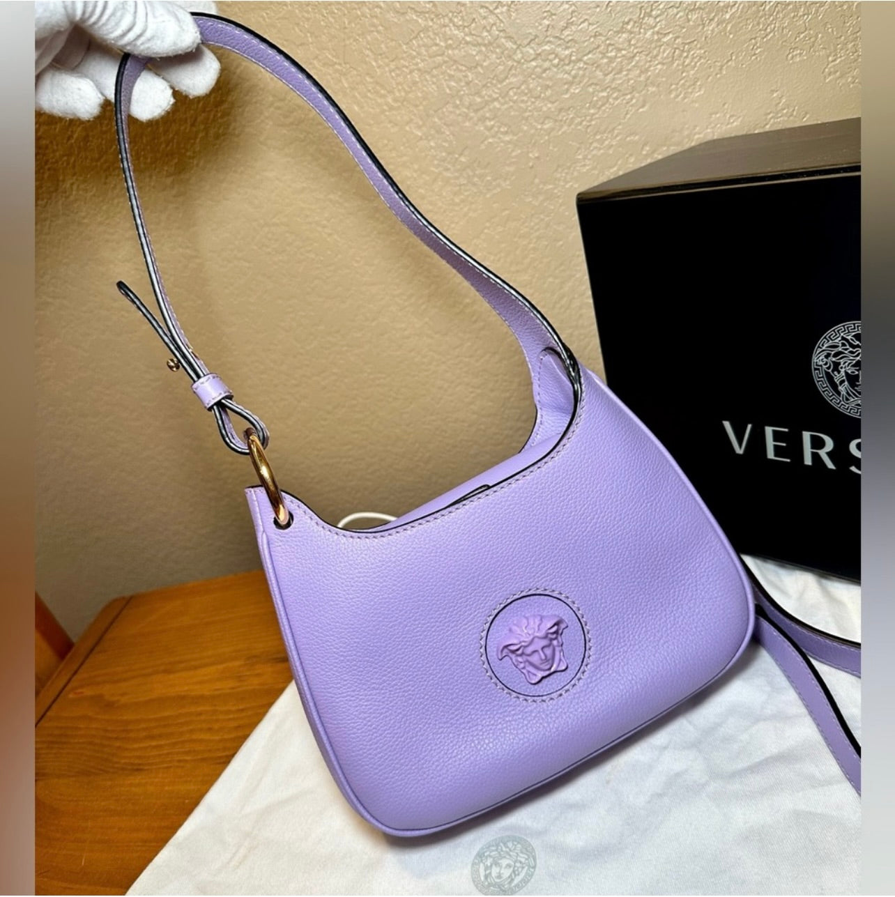 EUC Versace La Medusa Lilac Pebbled Leather Mini Hobo Bag