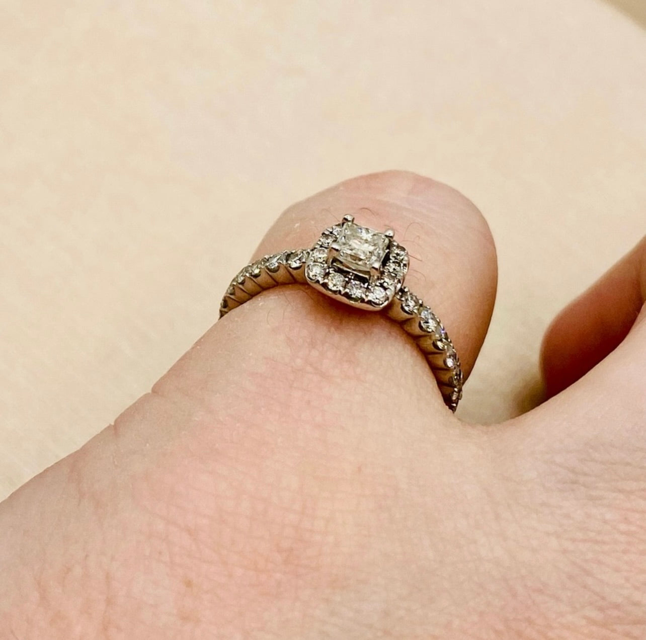 14k White Gold Halo Princess Cut Diamond Engagement Ring