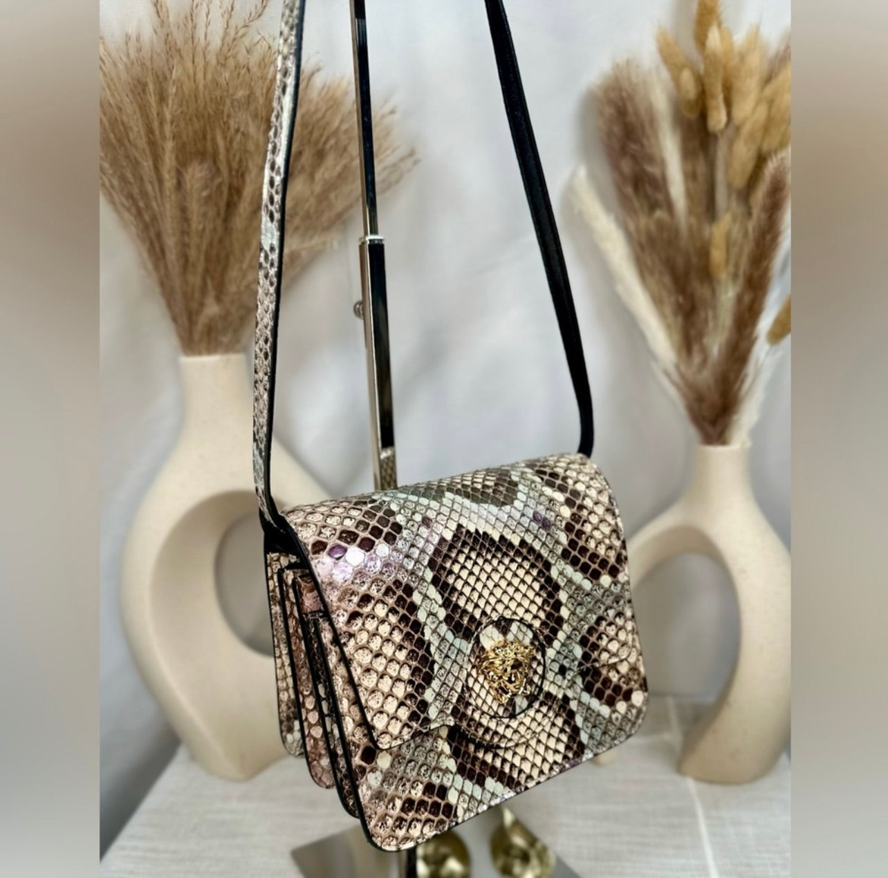 New Versace Genuine Iridescent Python & Leather Medusa Head Crossbody Bag