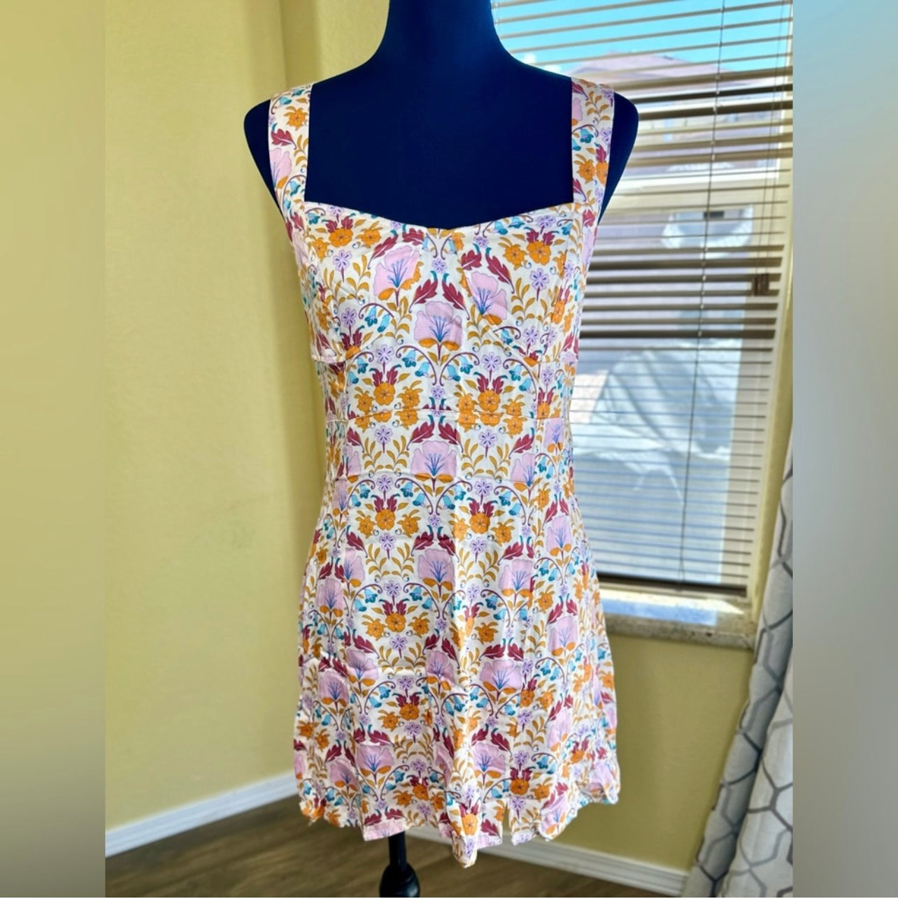 New Free People Ivory Floral Print Sasha Sweetheart-Neck Mini Dress