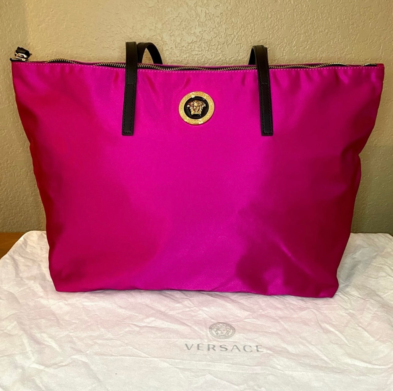 New VERSACE Flamingo Pink Nylon Medusa Tote Bag