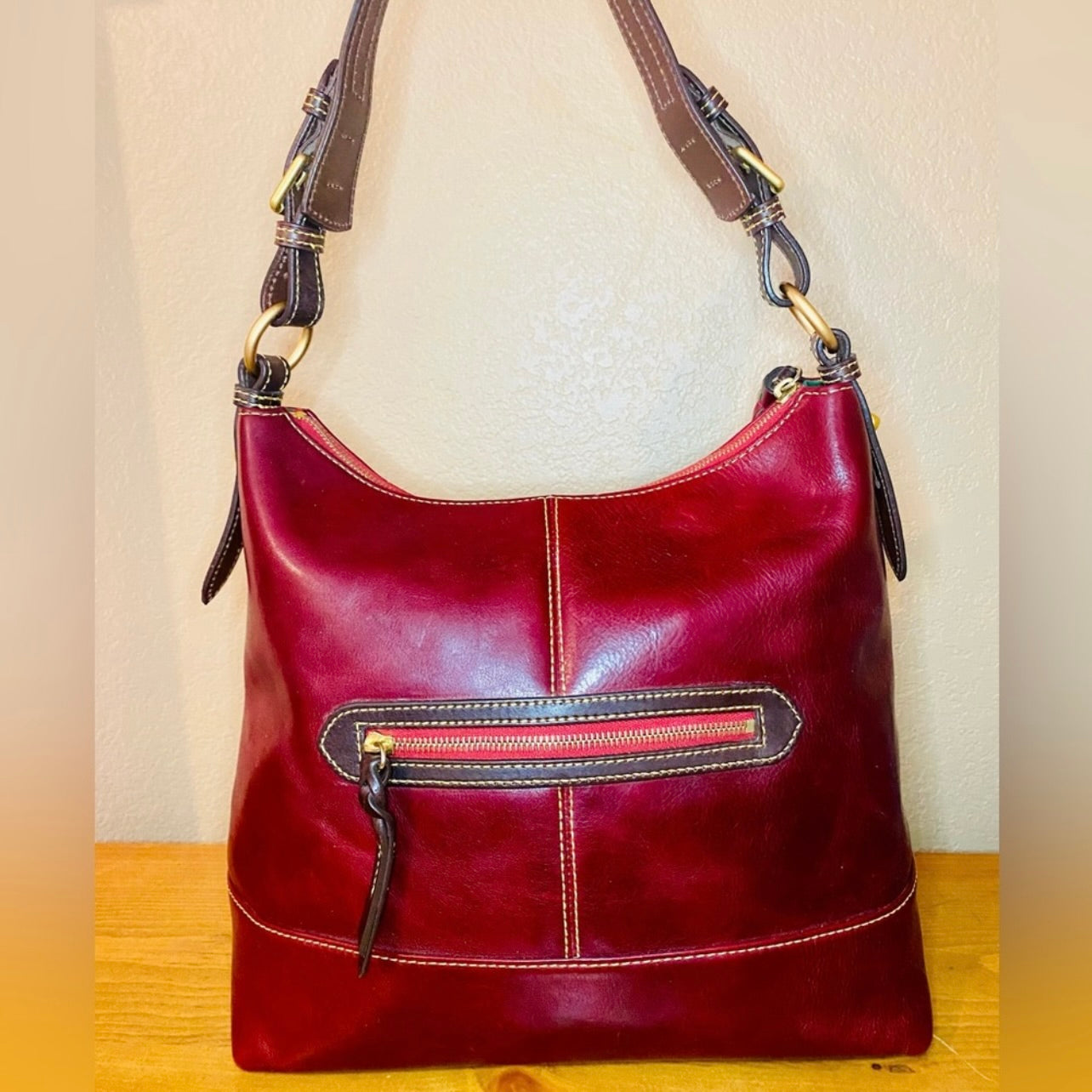 Rare Vintage Dooney & Bourke Large Deep Burgundy Leather Hobo Bag