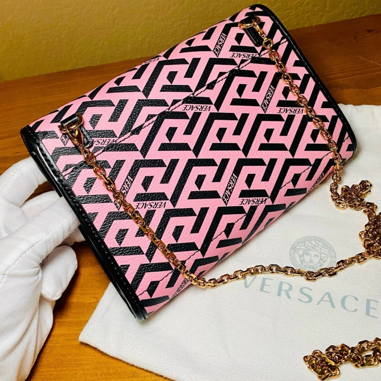 New Versace Pink La Greca Signature Coated Canvas Chain Crossbody Bag