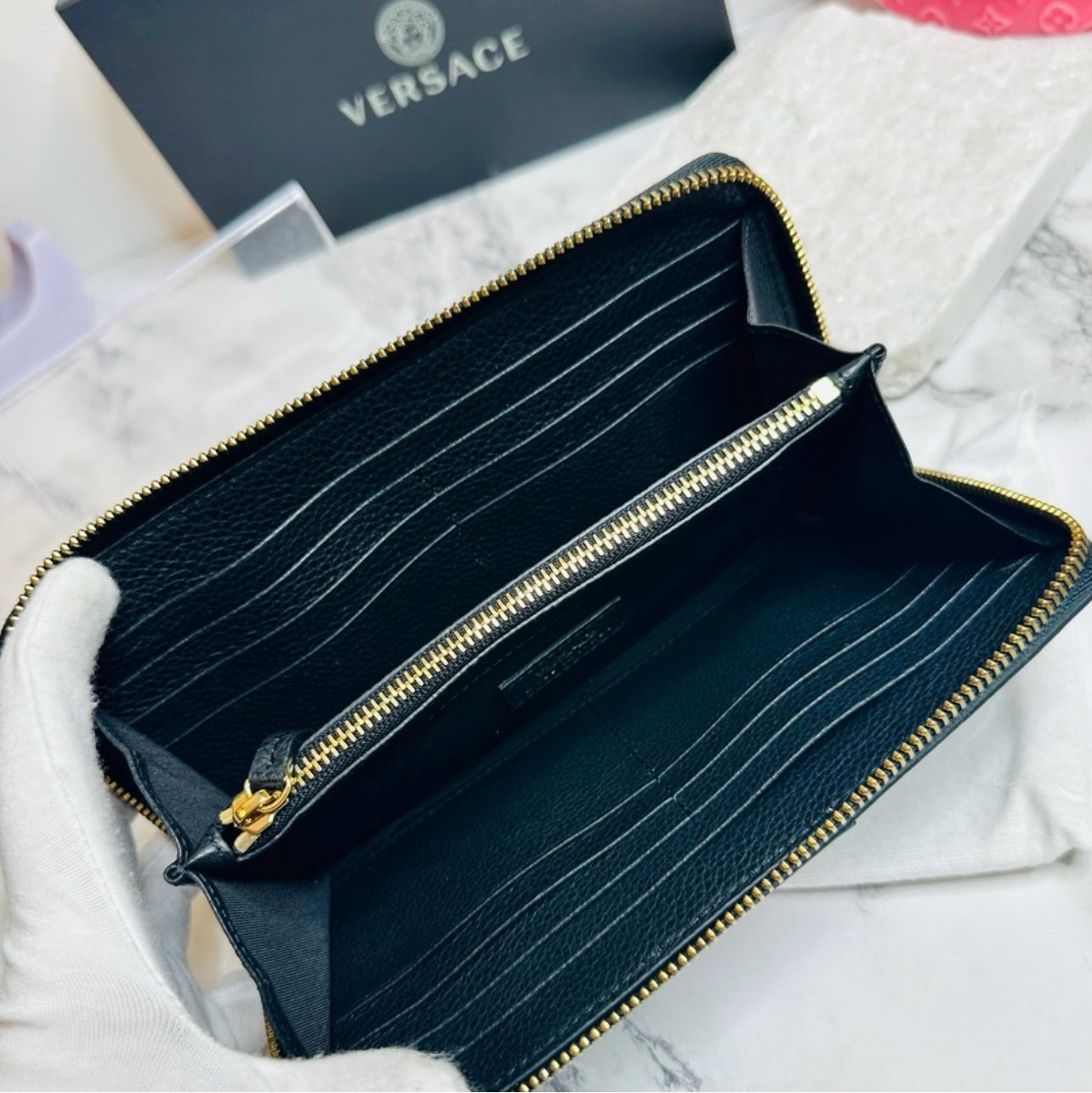 New Versace Two-Toned Black & Beige Grainy Calf Leather Virtus Continental Zip Around Wallet