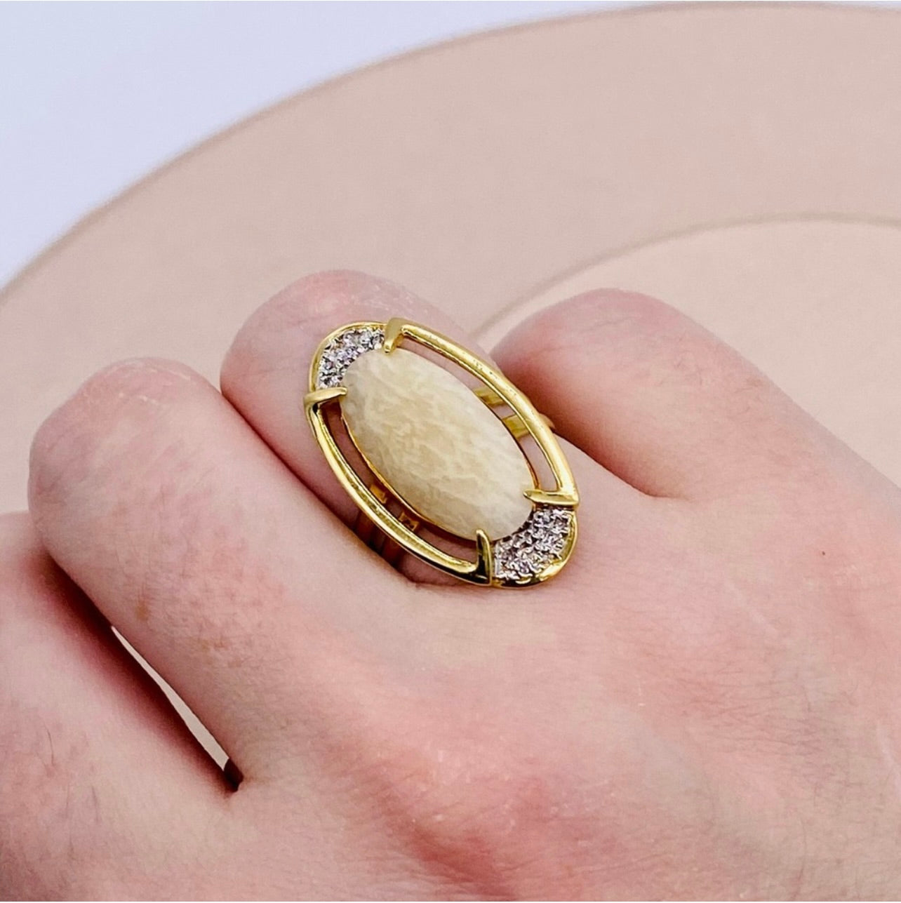 Vintage 18k Yellow Gold Rose Quartz & Diamond Cocktail Ring