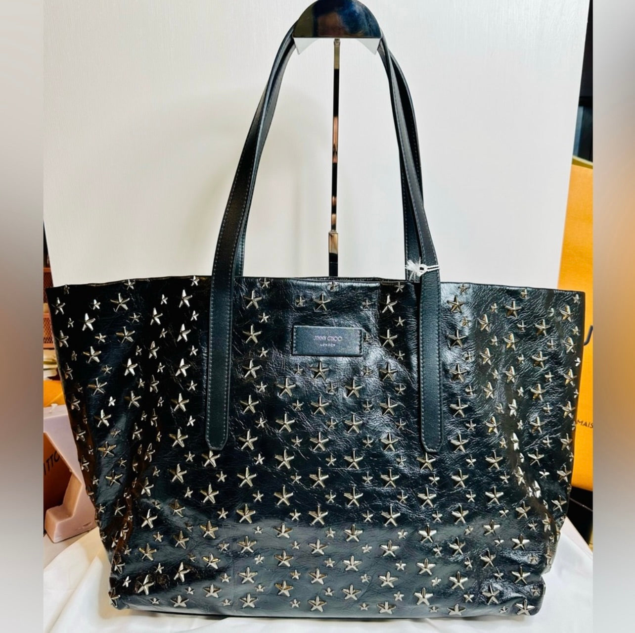 New Jimmy Choo Pimlico/s Black Vintage Leather Gunmetal Star-Stud Embellished Tote
