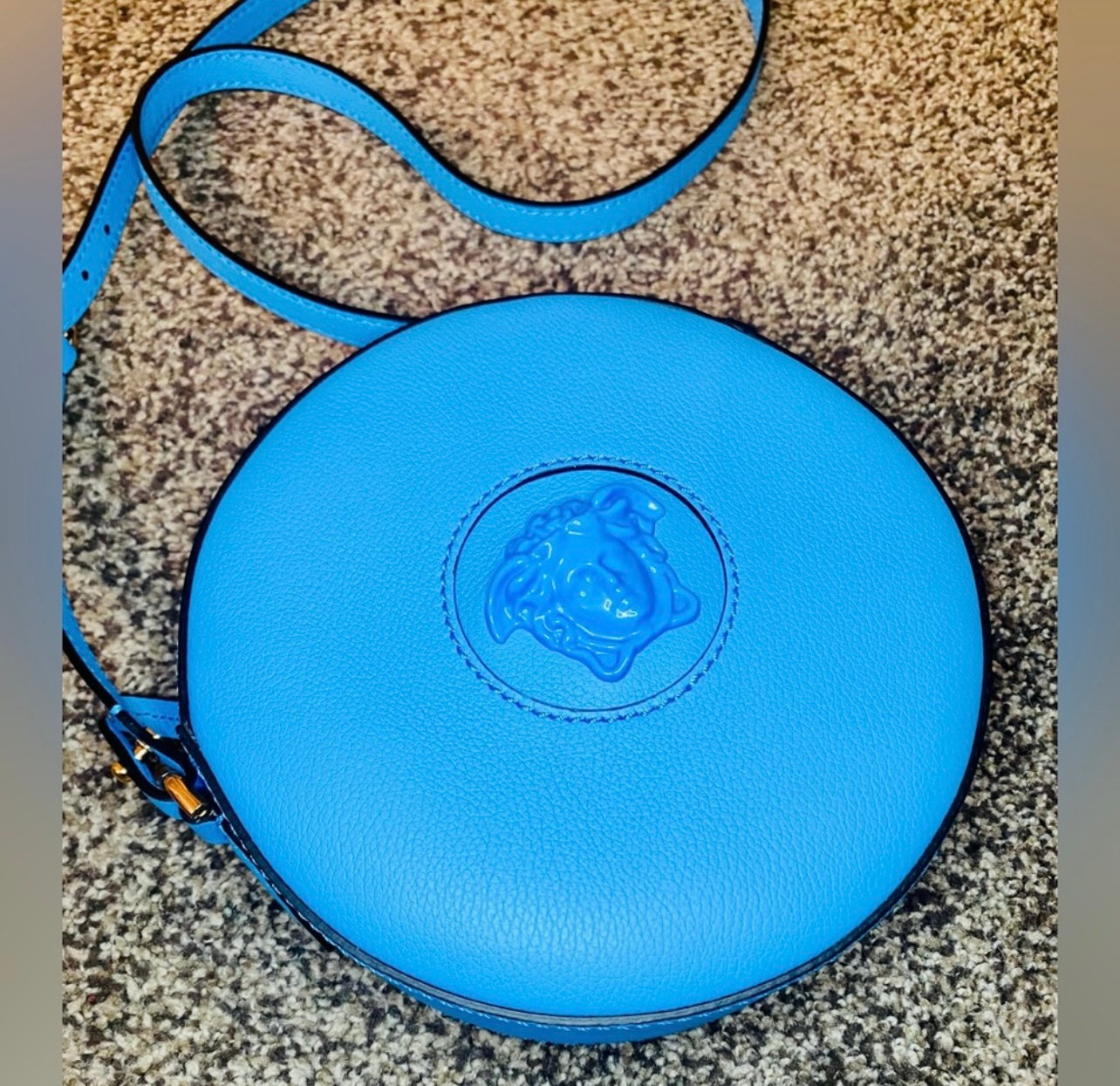 New Versace La Medusa Blue/Cerulean Leather Disco Round Crossbody Bag