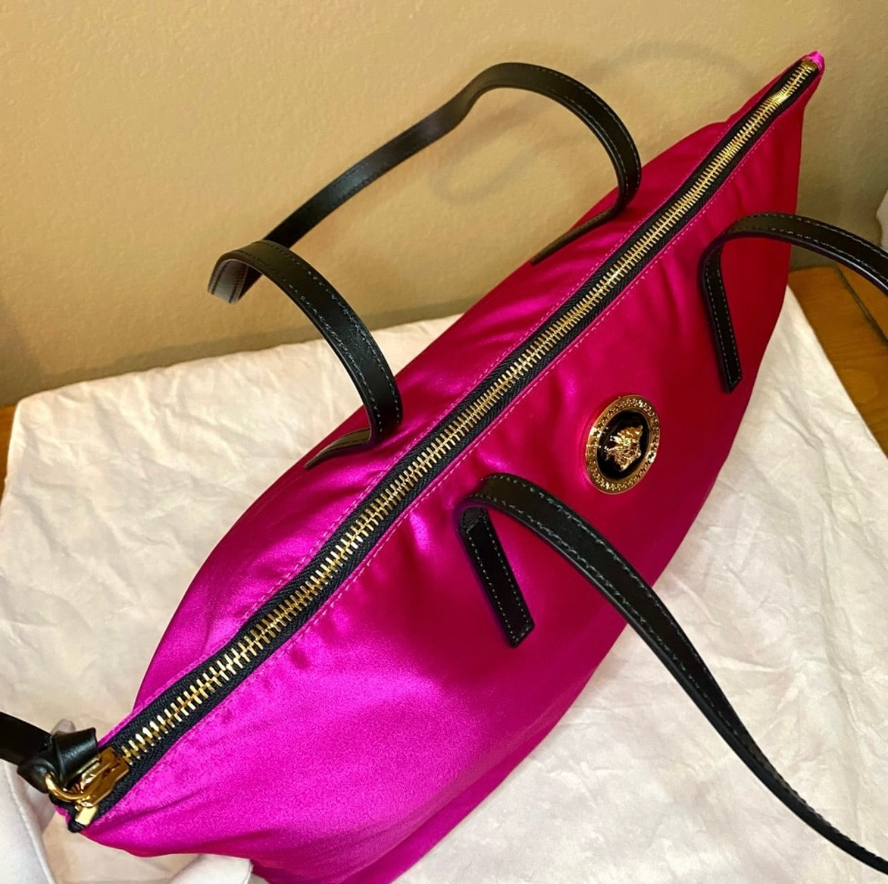 New VERSACE Flamingo Pink Nylon Medusa Tote Bag