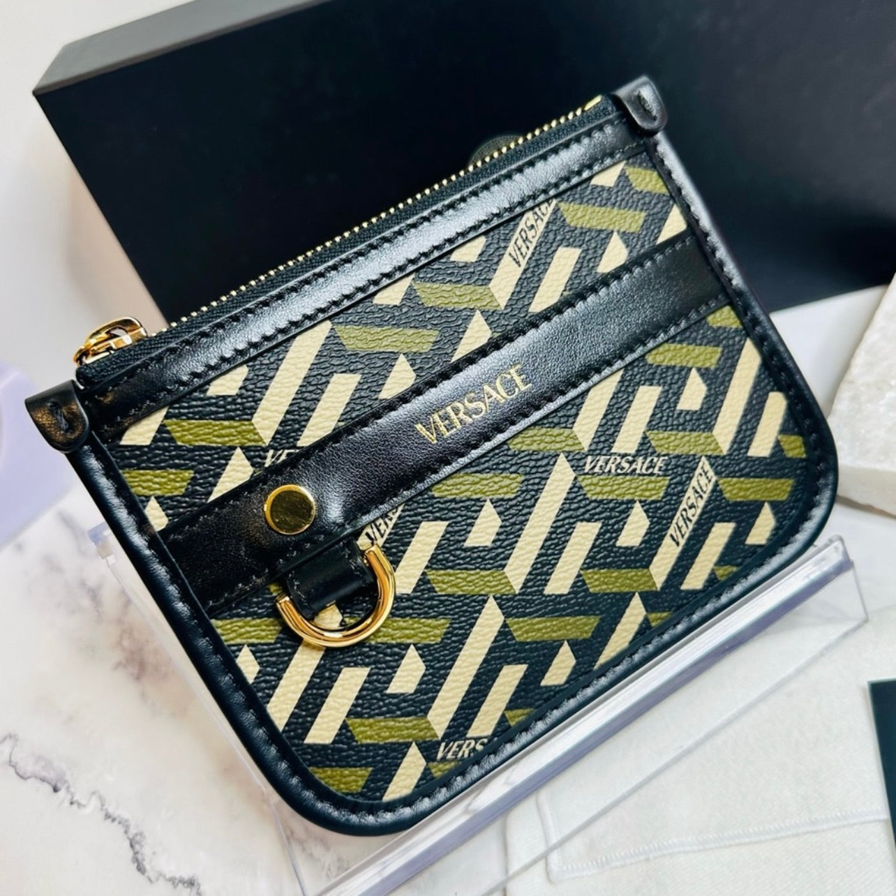 New Versace Khaki/Tan/Black La Greca & Black Leather Signature Modular Pouch