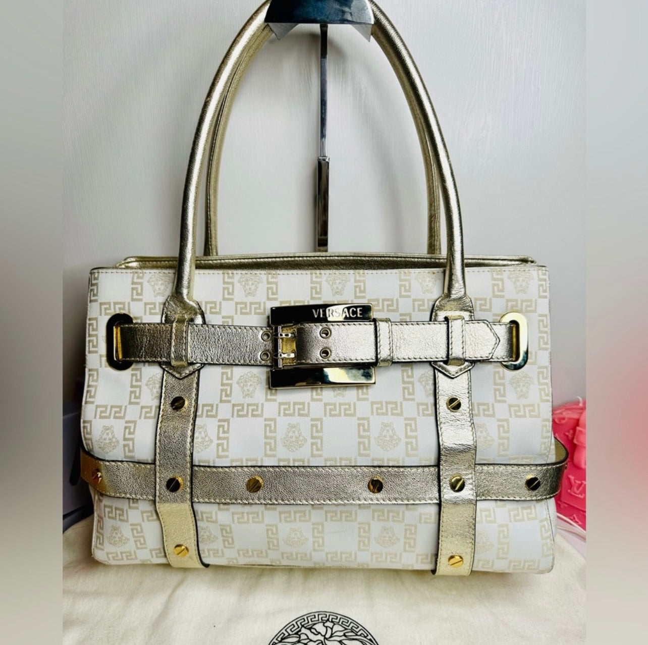 EUC VERSACE Medusa Gold & Cream Logo Print Canvas & Leather Shoulder Bag