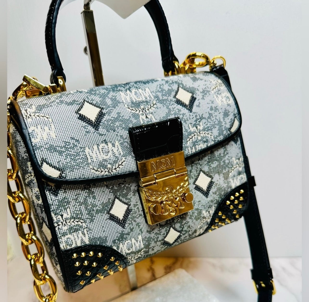 New MCM Small Gray Vintage Monogram Jacquard Studded Tracy Satchel Bag