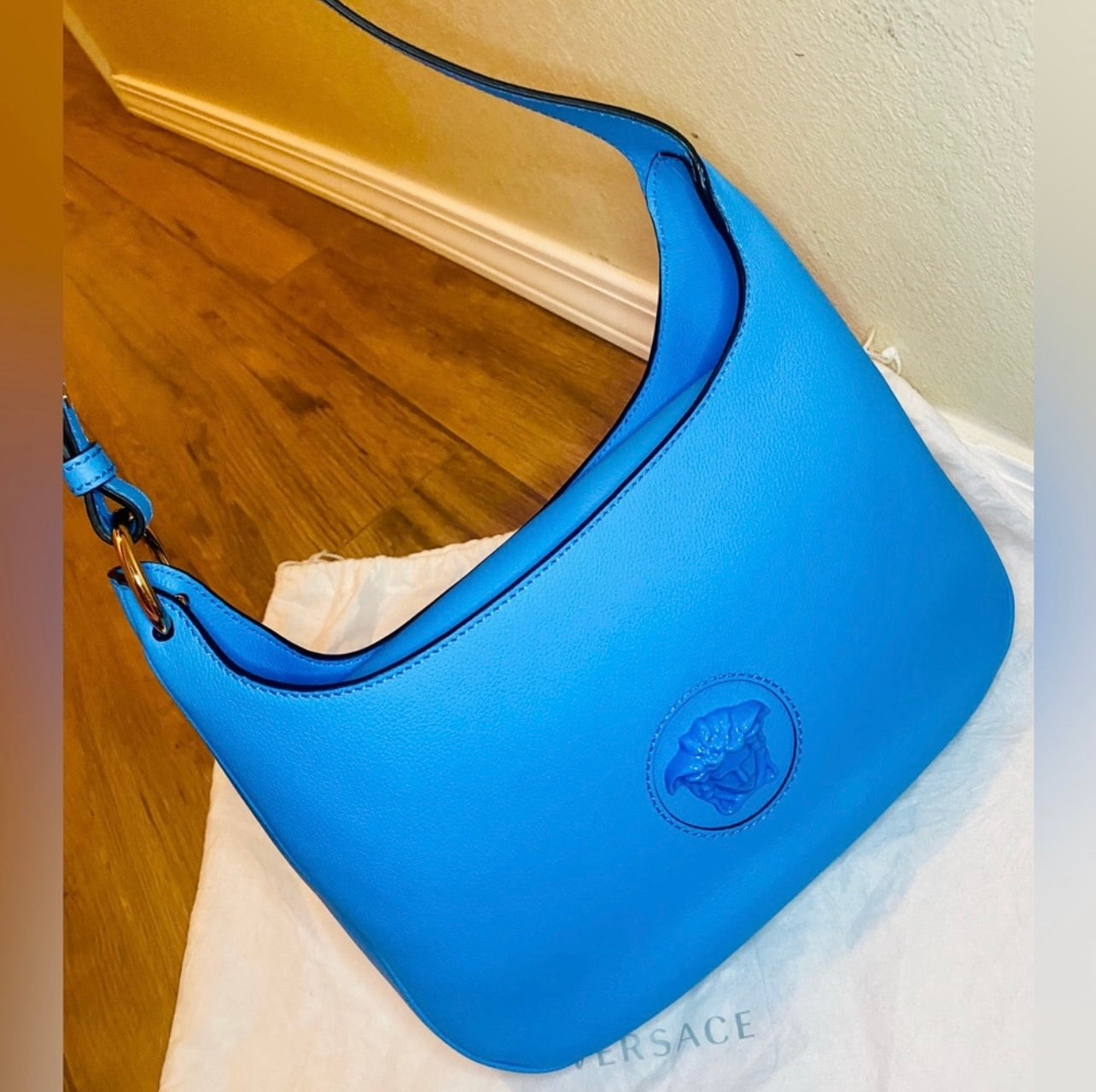 New VERSACE La Medusa Blue Leather Medium Hobo Convertible Strap Bag