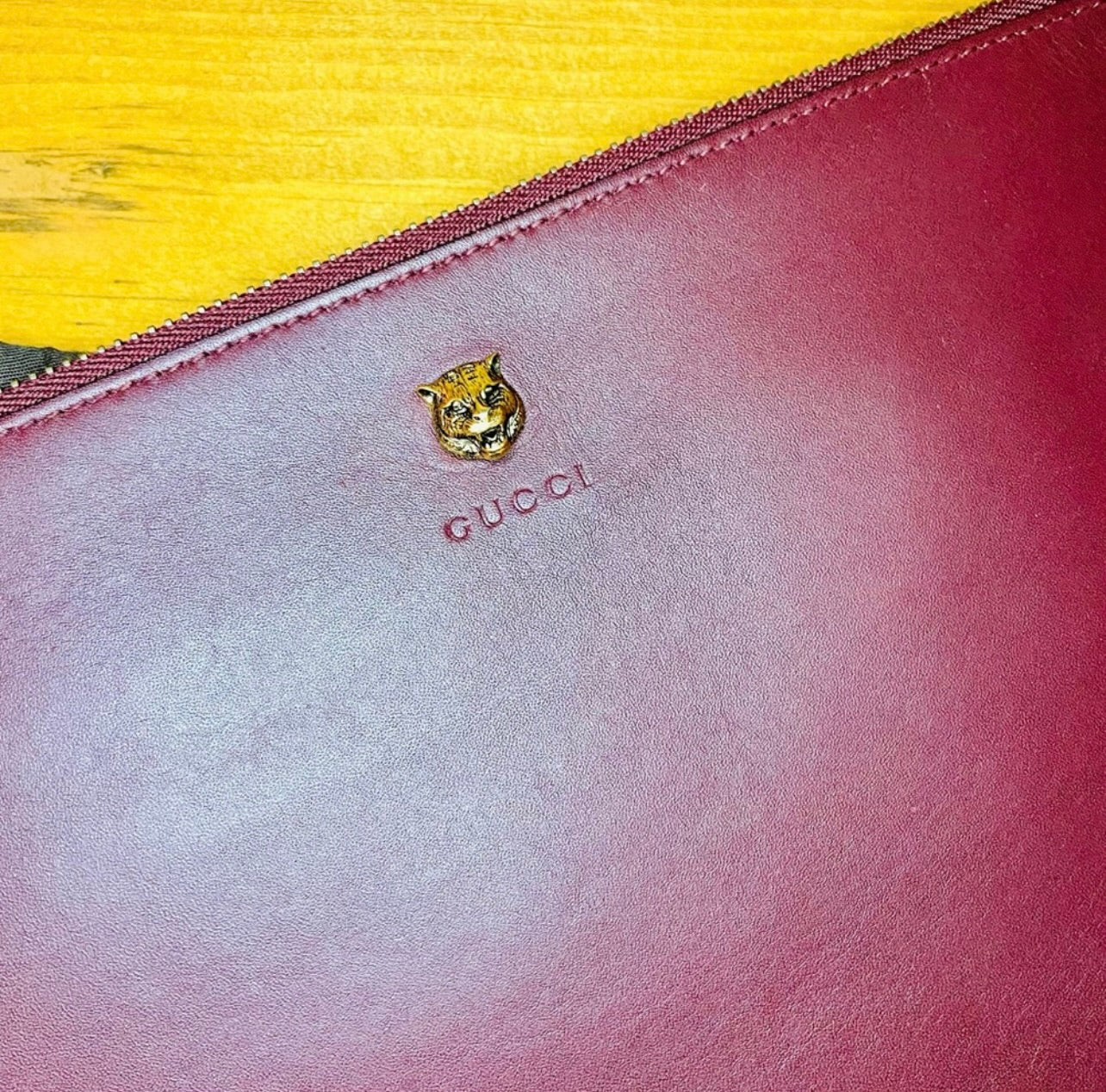 Rare GUCCI Tiger Animalier Bordeaux Leather Oversized Wristlet Clutch