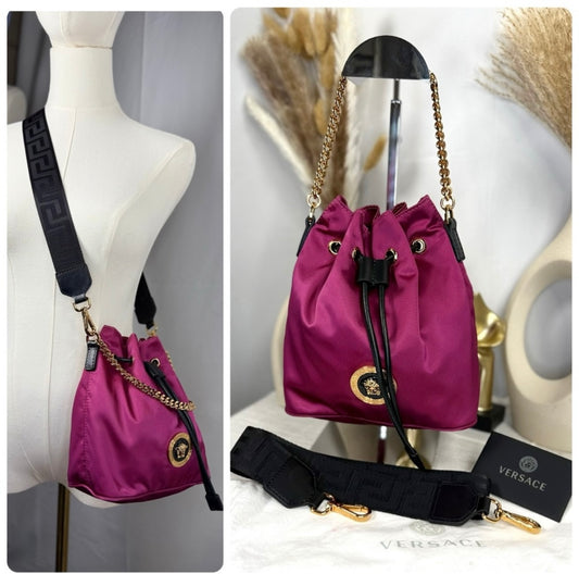 New Versace Deep Fuschia Nylon and Black Leather Drawstring Bucket Bag