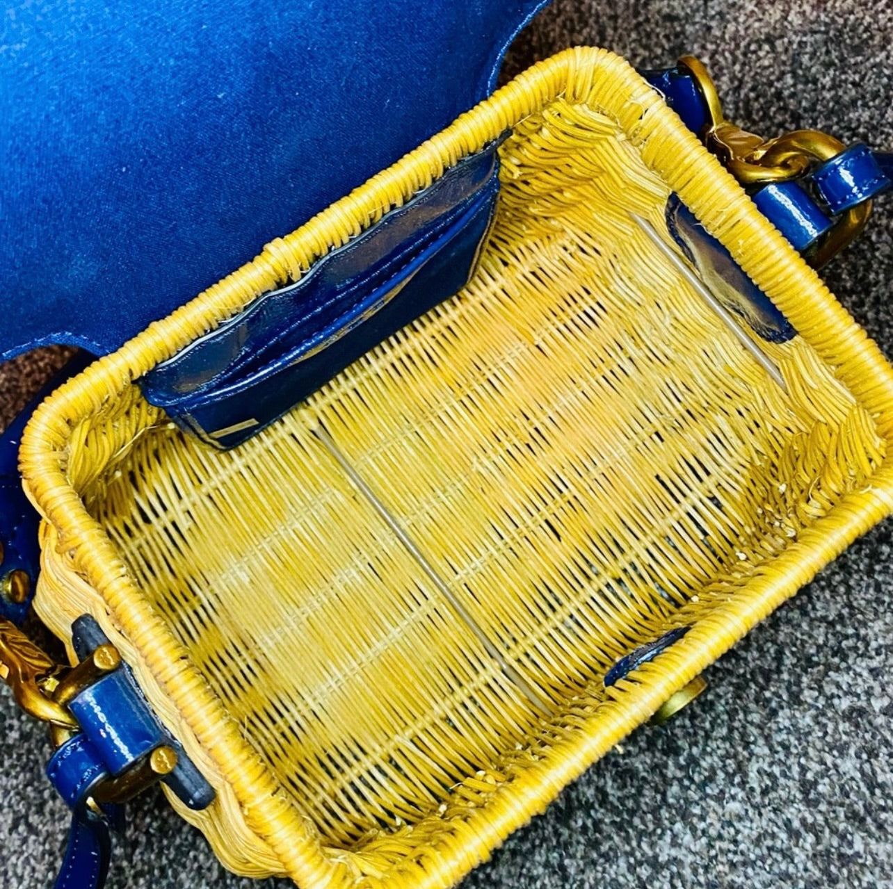 Tory Burch Navy Blue Patent Leather & Lacquered Rattan Basket Bag