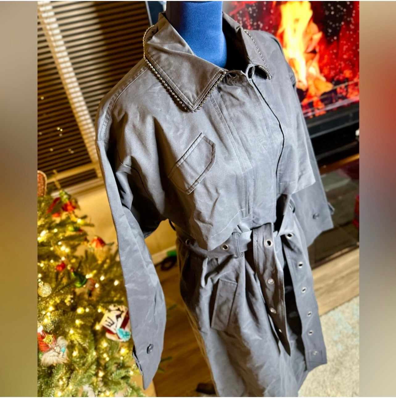 New Badgley Mischka Charcoal Gray Brooke Cotton Utility Trench Coat