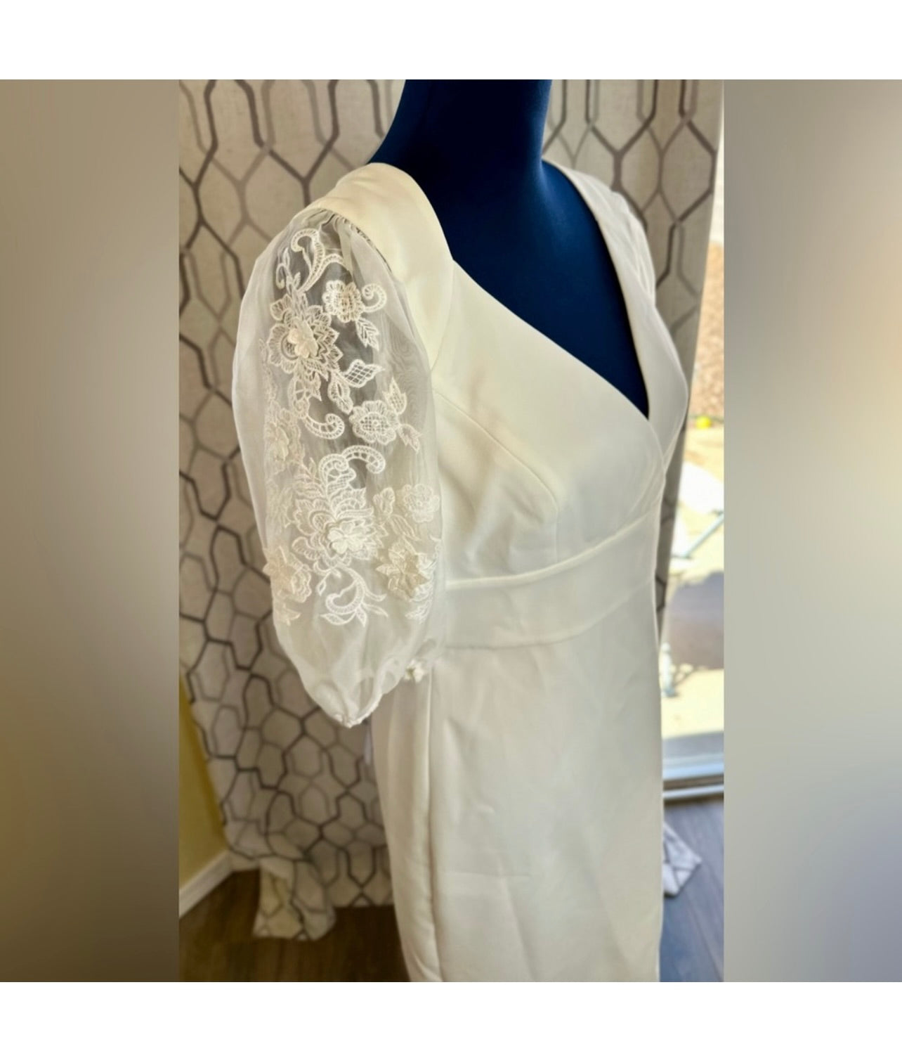 New BCBGMaxAzria Off White Embroidered Sleeve Evening Dress