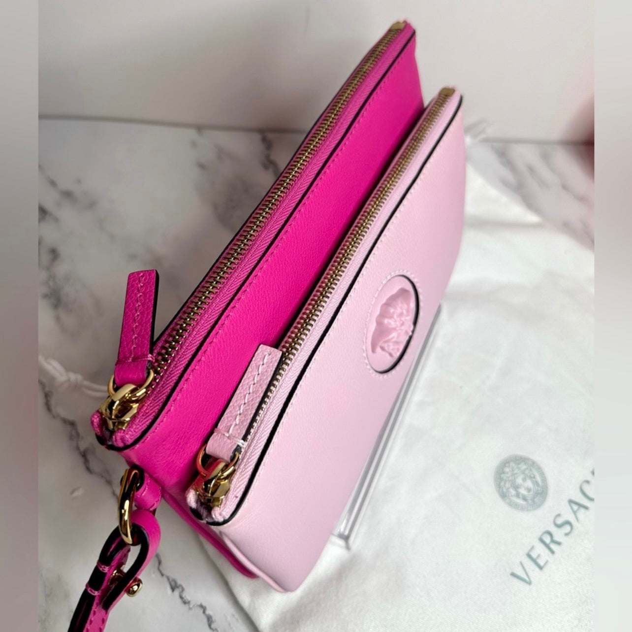 New Versace Double Zip La Medusa Pink Italian Leather Wristlet Pouch