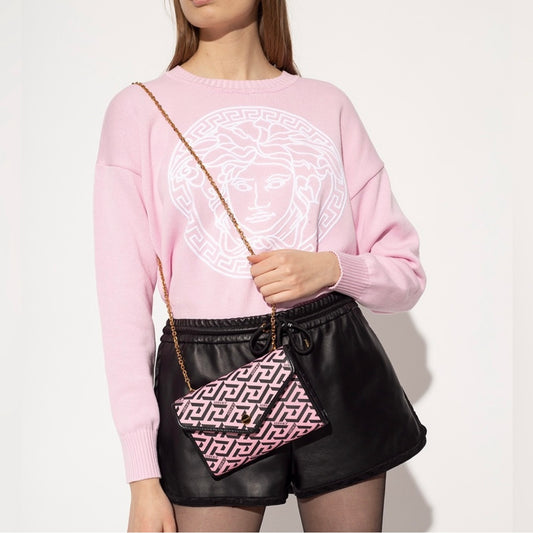 New Versace Pink La Greca Signature Coated Canvas Chain Crossbody Bag